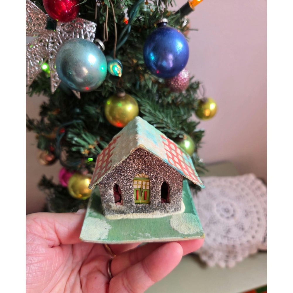 Vintage Japan Christmas Putz House Mica Glitter Cardboard Village 3"